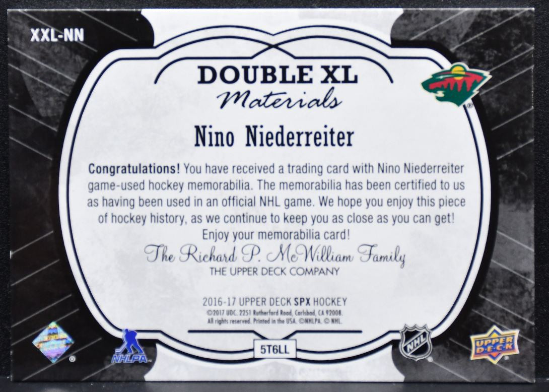 2016-17 SPx Dual XL Materials Nino Niederreiter Minnesota Wild Jersey 7782