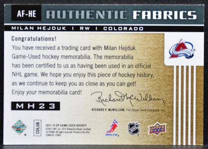 2011-12 SP Game Used Authentic Fabrics Milan Hejduk AF-HE Avalanche Jersey 5221