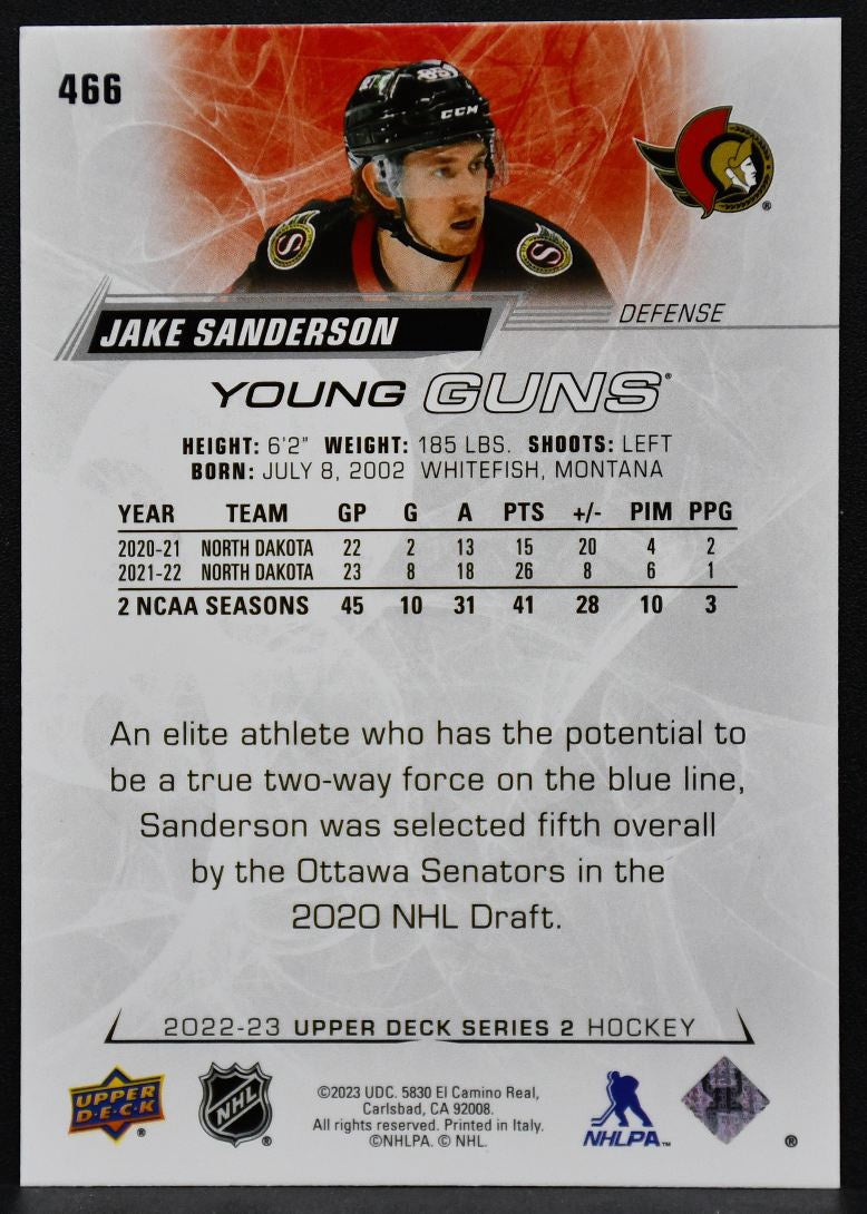 2022-23 Upper Deck Series 2 Young Guns Jake Sanderson 466 Ottawa Senators RC 2104