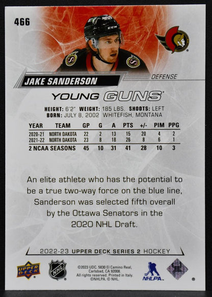 2022-23 Upper Deck Series 2 Young Guns Jake Sanderson 466 Ottawa Senators RC 2104