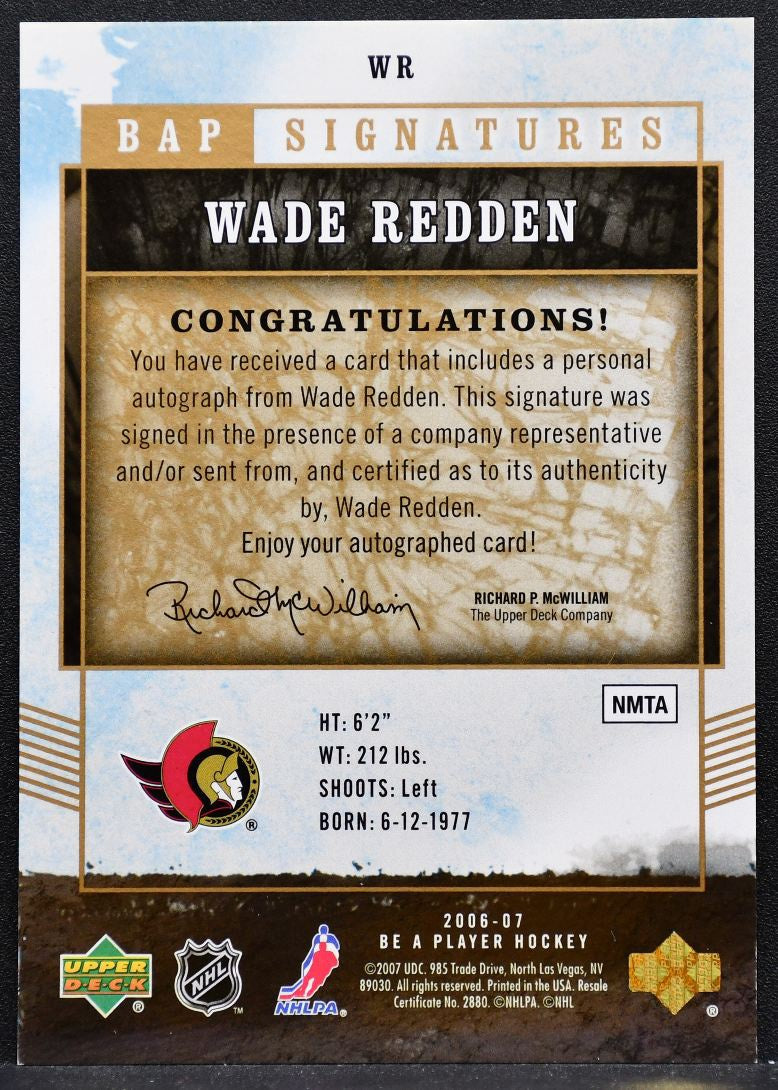 2006-07 Be A Player Signatures Wade Redden WR Ottawa Senators Auto 9114