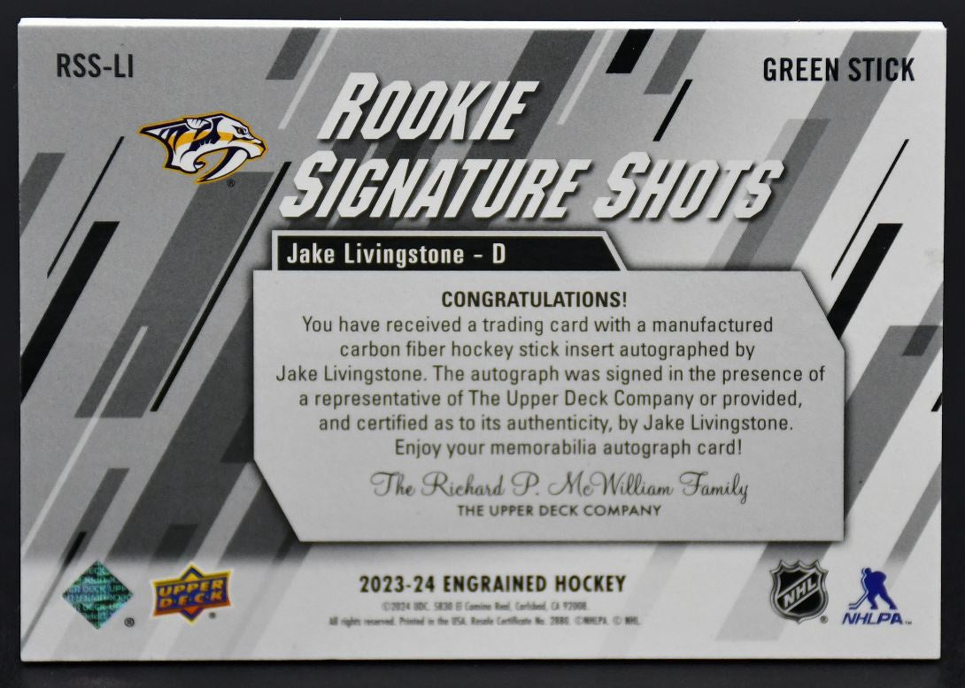 2023-24 UD Engrained Livingstone RSS-LI Predators RC Auto 02/75 Stick