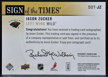 2012-13 SP Authentic Sign of the Times Jason Zucker SOT-JZ Wild Auto 1748