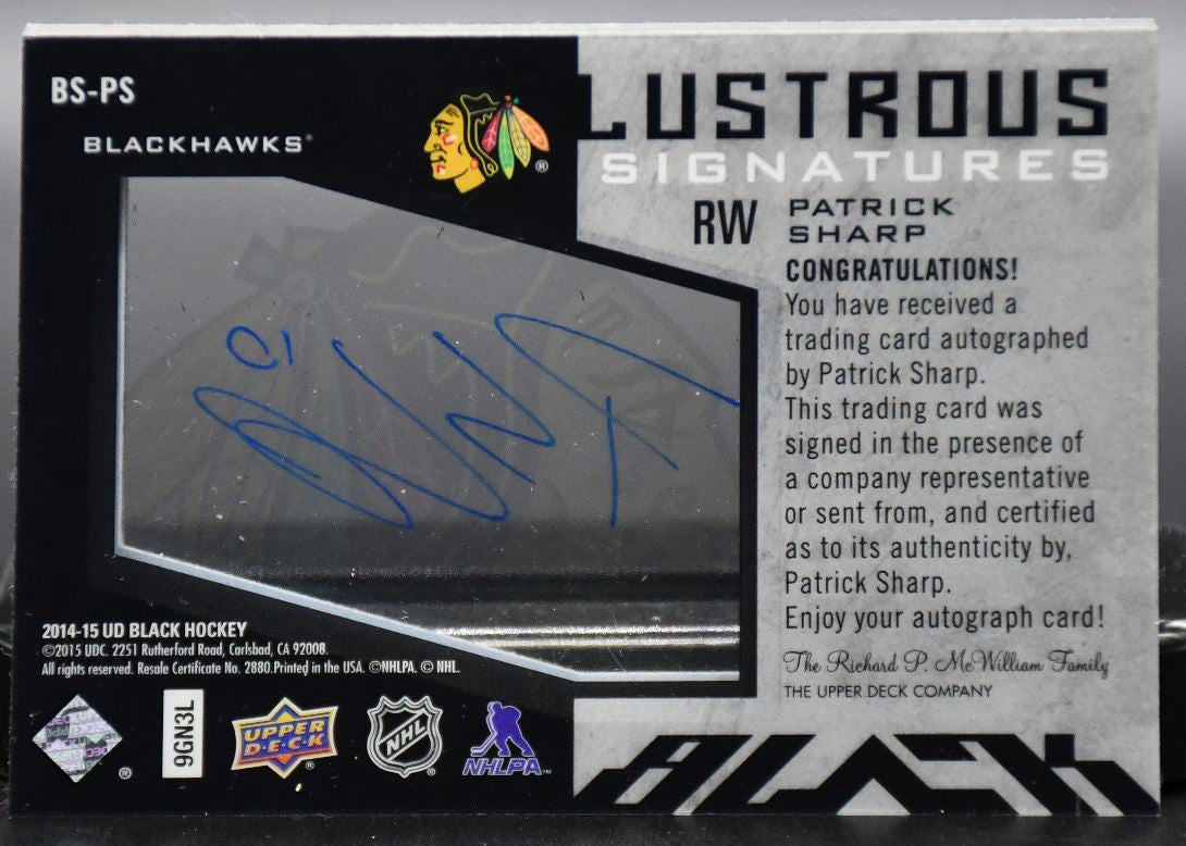 2014-15 UD Black Lustrous Signatures Patrick Sharp BS-PS Auto 93/99