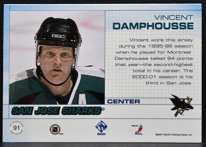 2001-02 Pacific Private Stock Jersey Vincent Damphousse 91 Sharks Jersey 8506