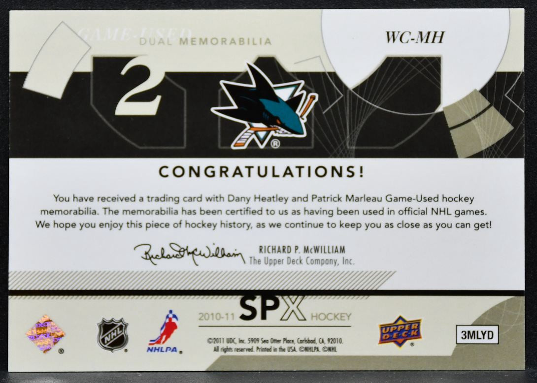 2010-11 SPx Winning Combos Patrick Marleau/Dany Heatley WC-MH Sharks Jersey 6609