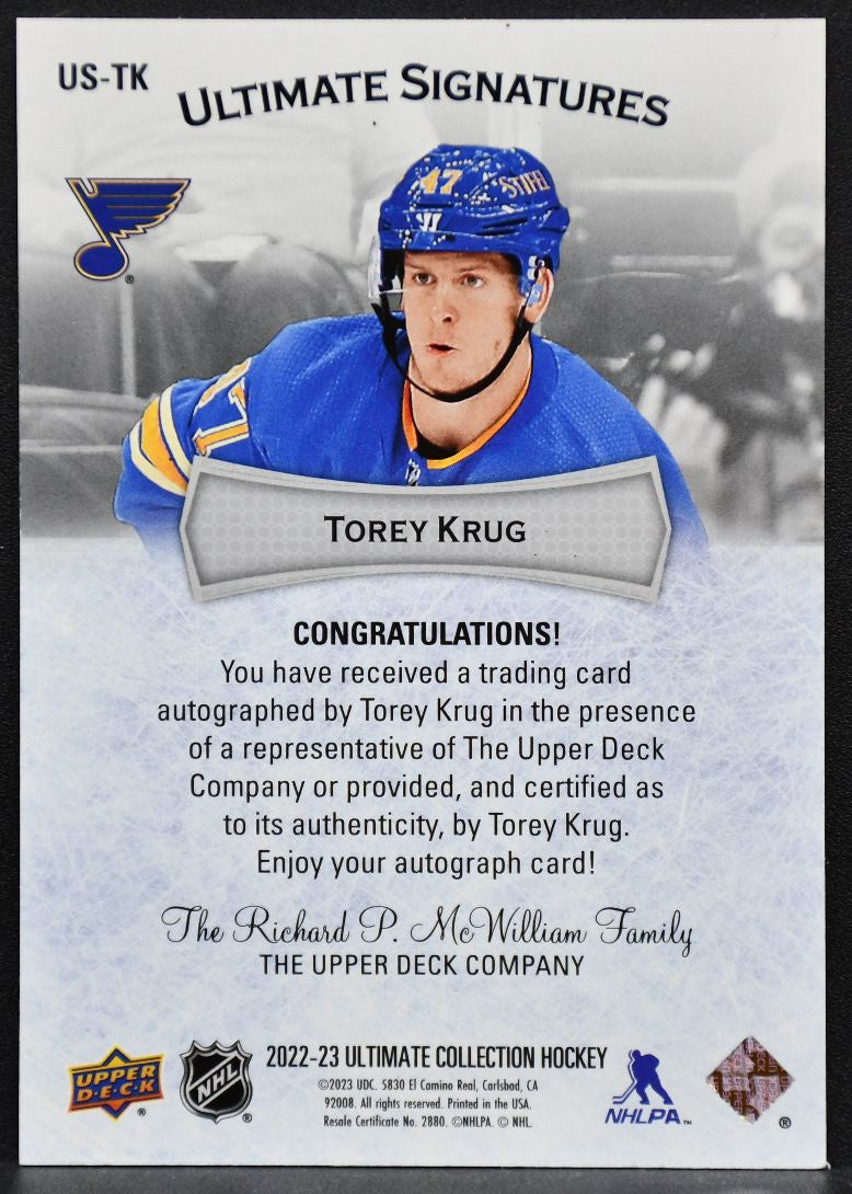 2022-23 UD Ultimate Collection Signatures Torey Krug US-TK St. Louis Blues Auto 6287