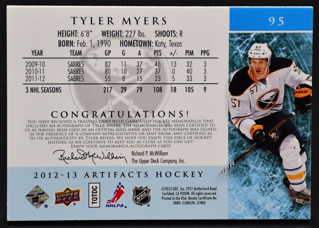 2012-13 UD Artifacts Emerald Auto Materials Tyler Myers 95 Auto 1/8 Patch