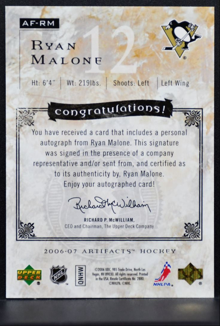 2006-07 Upper Deck Artifacts Auto-Facts Ryan Malone AF-RM Penguins Auto 0062