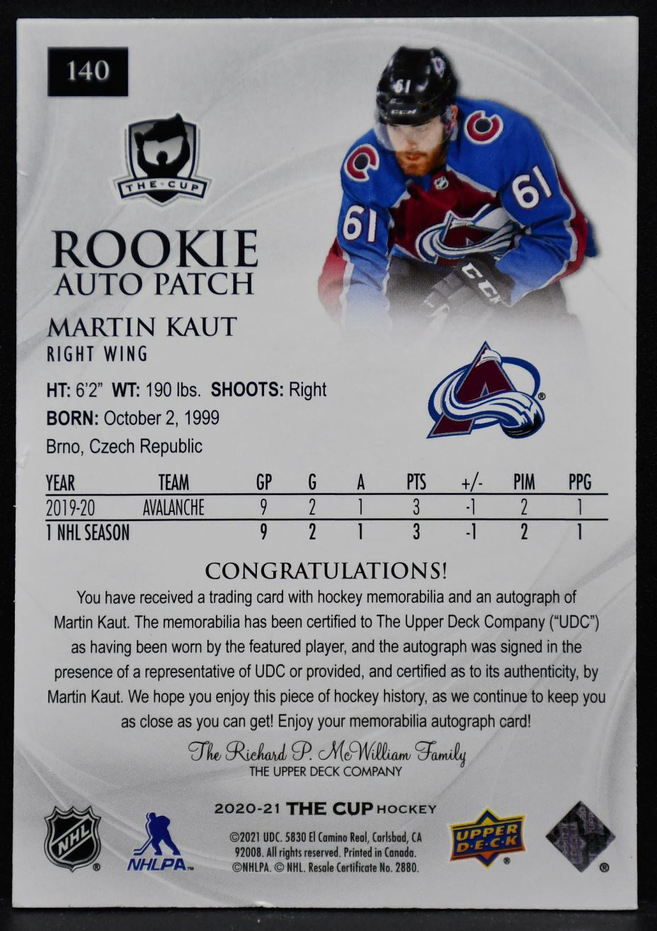 2020-21 UD The Cup Rookie Auto Patch Martin Kaut 140 RC Auto 122/249