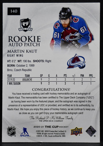 2020-21 UD The Cup Rookie Auto Patch Martin Kaut 140 RC Auto 122/249
