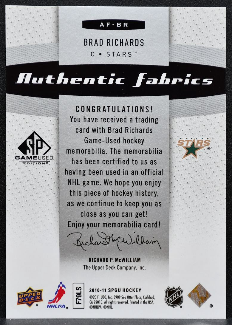 2010-11 SP Game Used Authentic Fabrics Brad Richards Dallas Stars Jersey 6199