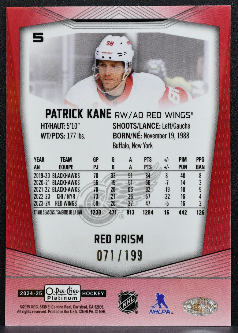 2024-25 O-Pee-Chee Platinum Red Prism Patrick Kane 5 Red Wings 071/199 1358