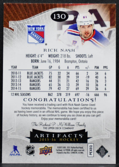 2015-16 Upper Deck Artifacts Jersey Rick Nash 130 Rangers 094/125 Jersey 5481