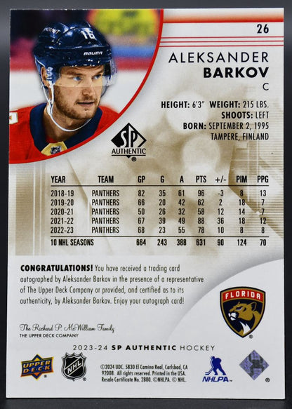 2023-24 SP Authentic Aleksander Barkov 26 Florida Panthers Auto