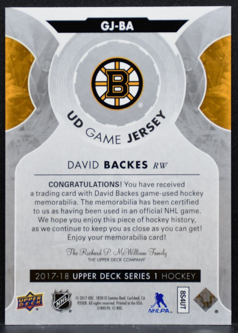 2017-18 Upper Deck Series 1 UD Game Jerseys David Backes Bruins Jersey 8673