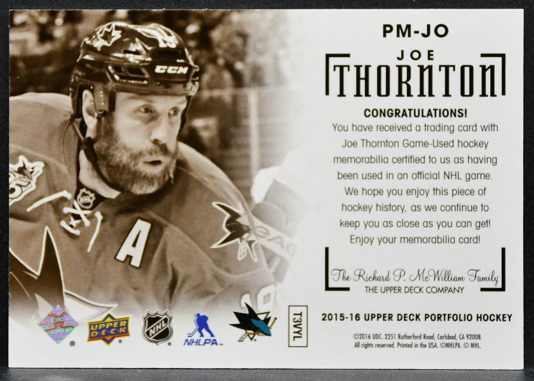 2015-16 UD Portfolio Profiles Materials Jersey Joe Thornton Sharks Jersey 6647