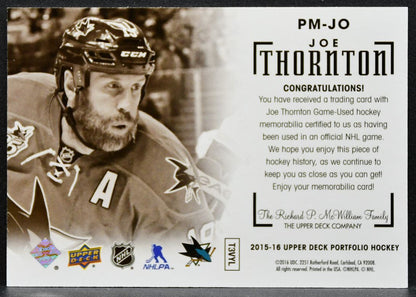 2015-16 UD Portfolio Profiles Materials Jersey Joe Thornton Sharks Jersey 6647