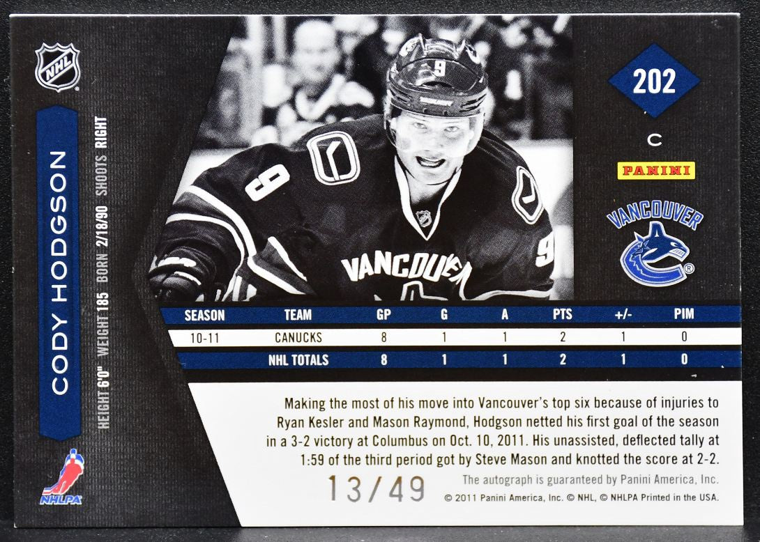 2011-12 Panini Limited Silver Phenoms Hodgson Canucks RC Auto 13/49 Patch 6528