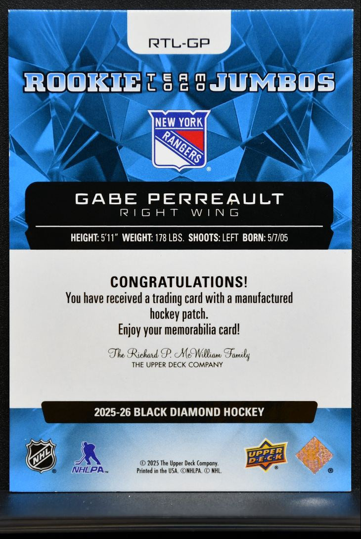 2025-26 UD Black Diamond Rookie Team Logo Jumbos Gabe Perreault RC Patch 0658