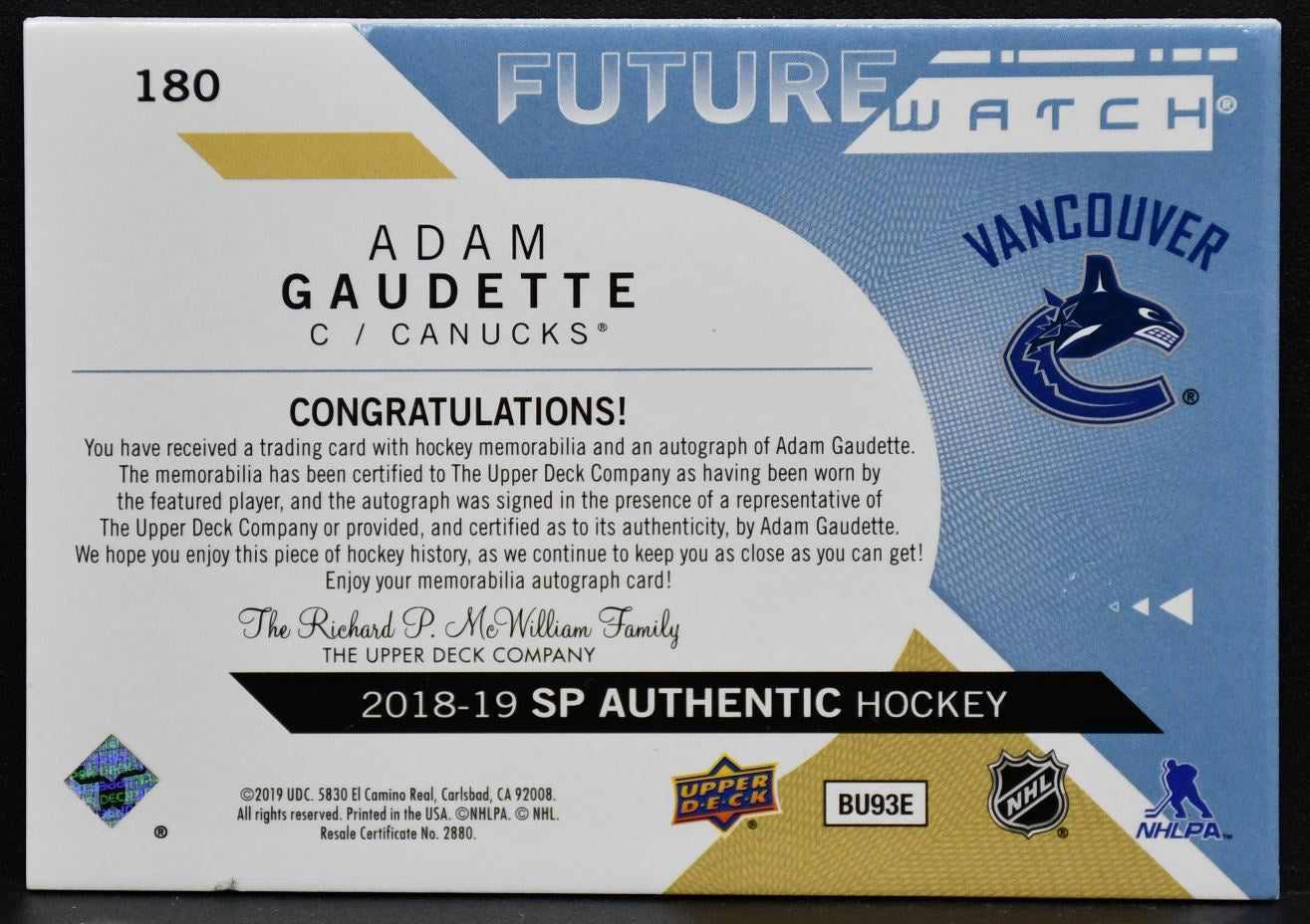 2018-19 SP Authentic Auto Patch Future Watch Limited Adam Gaudette 180 RC 100