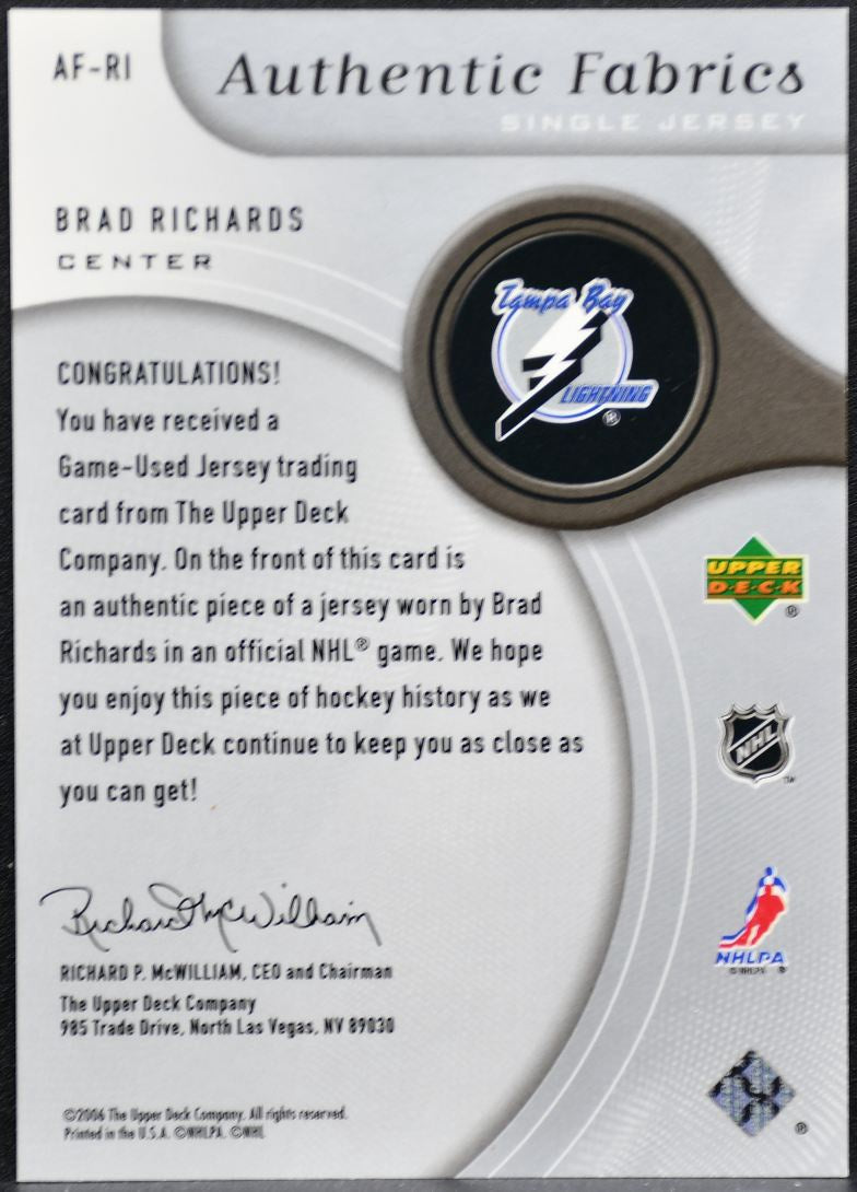 2006-07 SP Game Used Authentic Fabrics Brad Richards AF-RI Lightning Jersey 0535