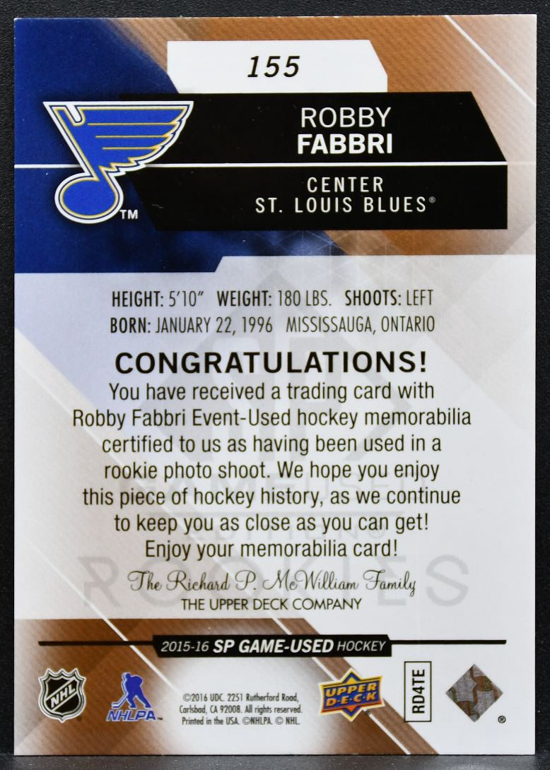 2015-16 SP Game Used Copper Jersey Robby Fabbri 155 Blues RC 173/399 Jersey 9615