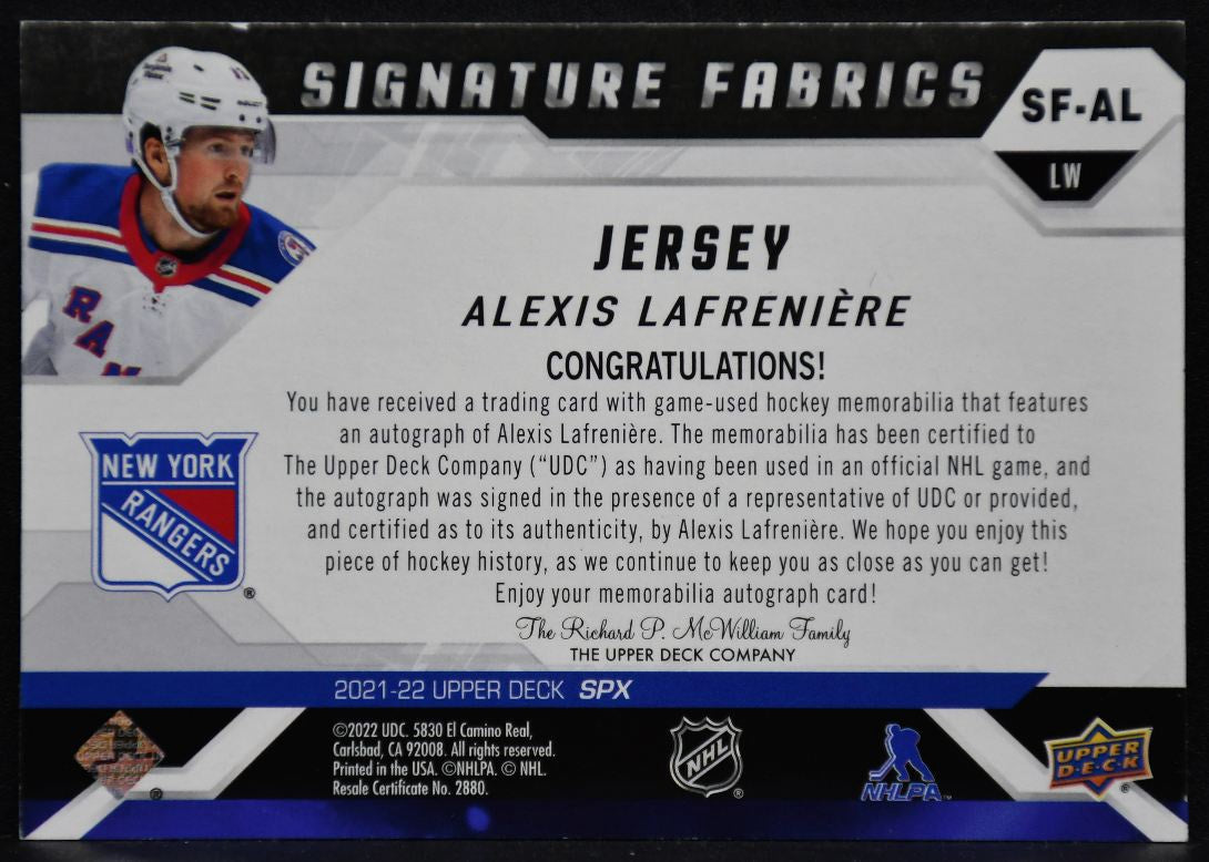 2021-22 SPx Signature Fabrics Jersey Alexis Lafreniere Auto 21/25 Jersey 0985