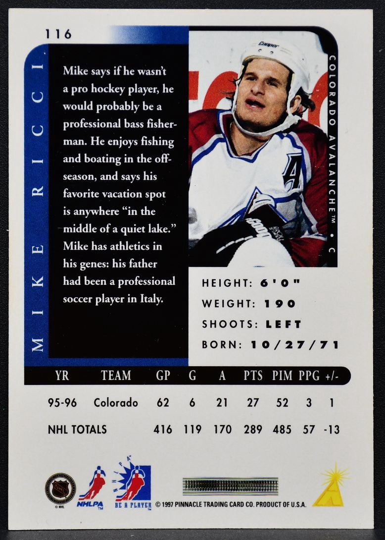 1996-97 Pinnacle Be a Player Autographs Mike Ricci 116 Avalanche Auto 1370