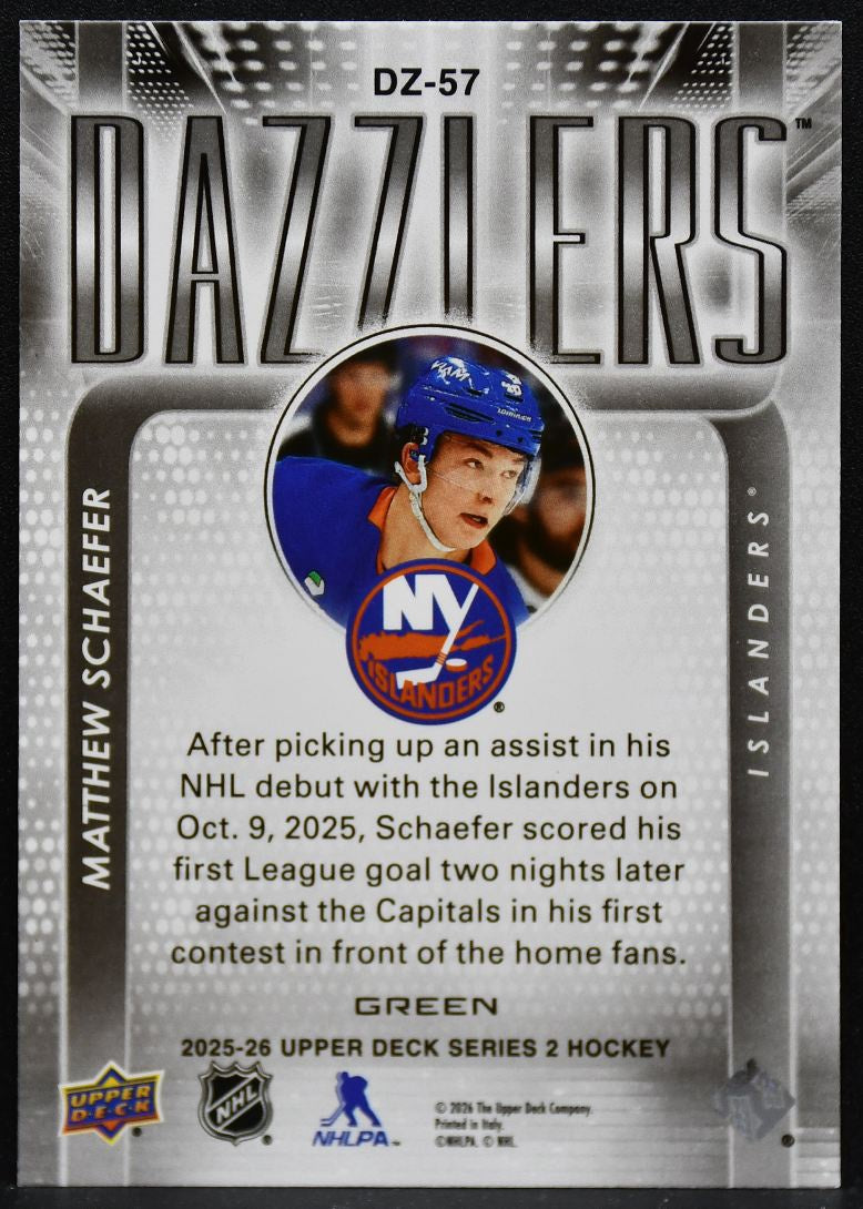 2025-26 UD Series 2 Dazzlers Green Matthew Schaefer DZ-57 Islanders RC 4005