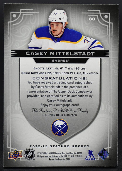 2022-23 UD Stature Update Photo Variant Auto Casey Mittelstadt Buffalo Sabres