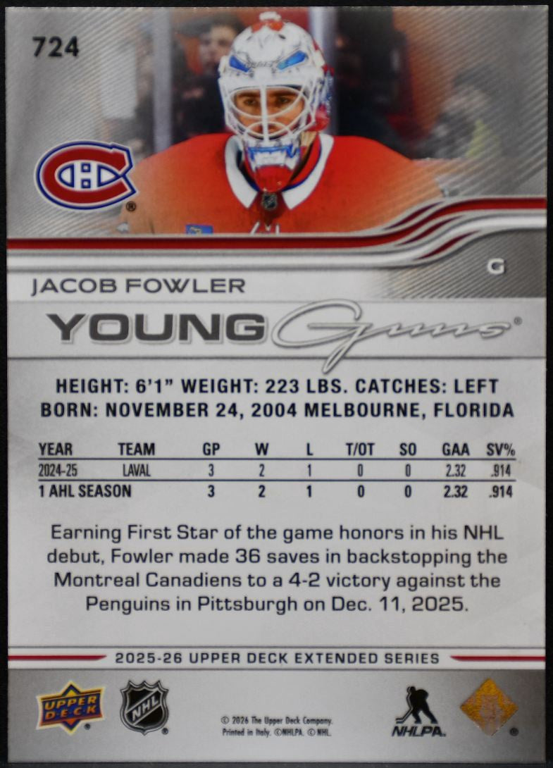 2025-26 UD Extended Series Young Guns Jacob Fowler 724 Canadiens RC 7205