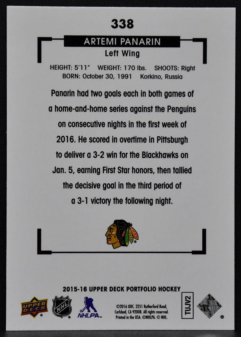 2015-16 UD Portfolio Black & White Art Card Artemi Panarin 338 Blackhawks RC 7948