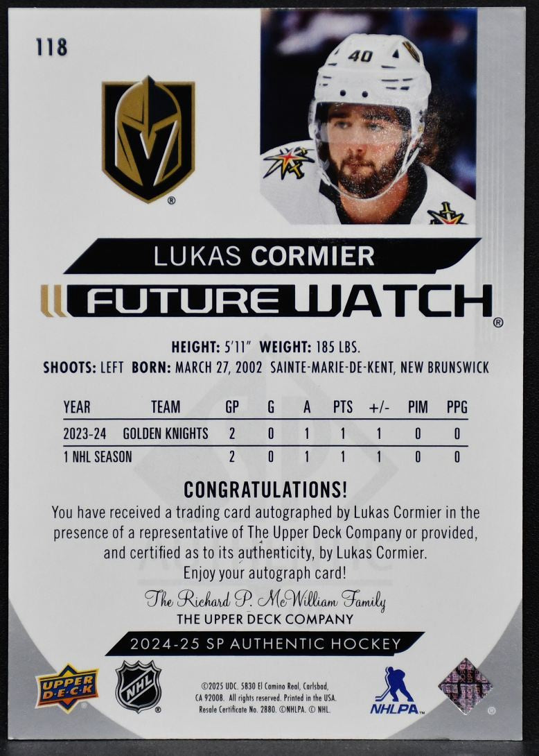 2024-25 SP Authentic Future Watch Autographed Lukas Cormier 118 RC Auto 550/999