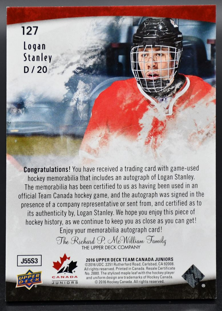 2016-17 UD Team Canada Juniors Base Jerseys Logan Stanley Canada Auto /199 Patch