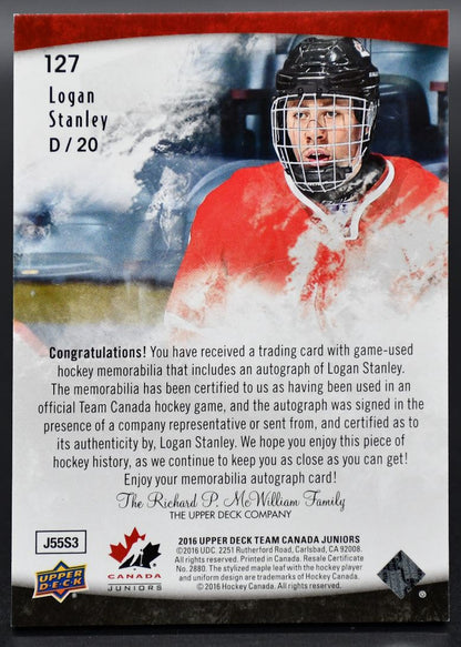 2016-17 UD Team Canada Juniors Base Jerseys Logan Stanley Canada Auto /199 Patch