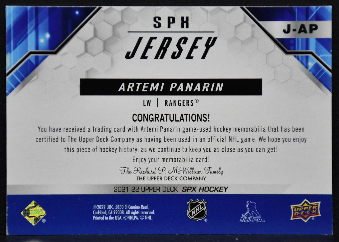2021-22 SPx Jersey Artemi Panarin J-AP New York Rangers Jersey 6941