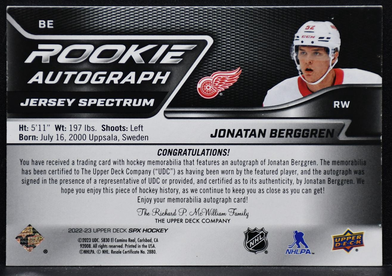 2022-23 SPx Rookie Auto Jersey Spectrum Jonatan Berggren BE RC Auto 28/35 Jersey