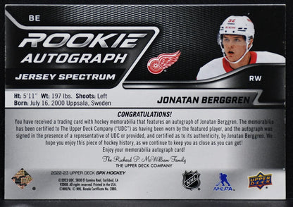 2022-23 SPx Rookie Auto Jersey Spectrum Jonatan Berggren BE RC Auto 28/35 Jersey