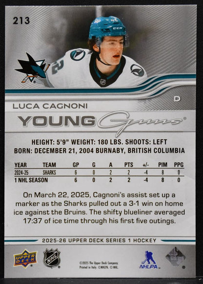 2025-26 Upper Deck Series 1 Young Guns Luca Cagnoni 213 San Jose Sharks RC 3353
