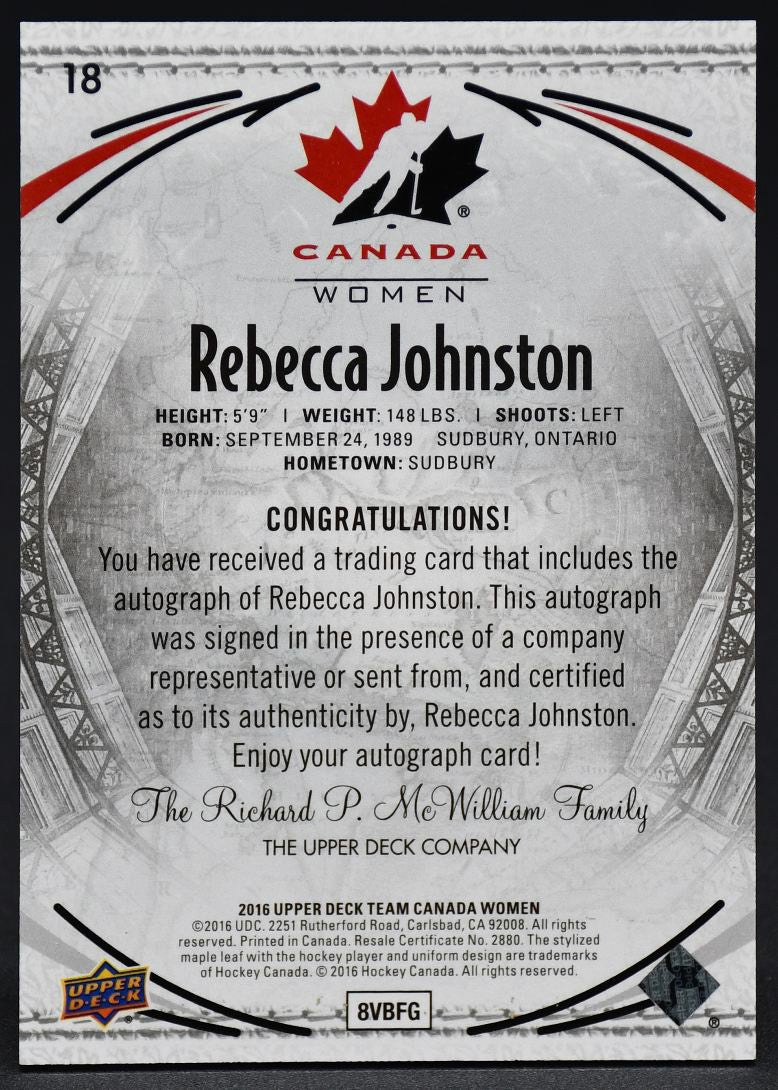 2016-17 UD Team Canada Women Base Auto Rebecca Johnston 18 Auto