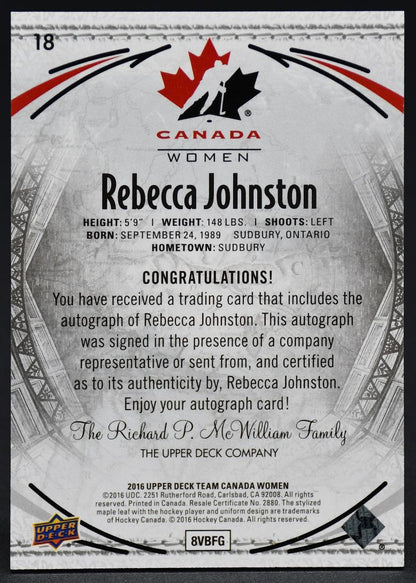 2016-17 UD Team Canada Women Base Auto Rebecca Johnston 18 Auto