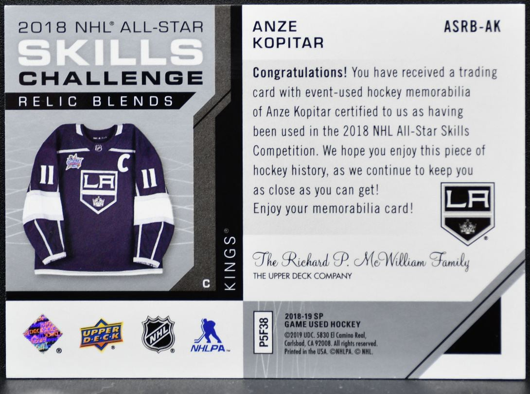2018-19 SP GU 2018 ASG Relic Blends Kopitar /125 Jersey 8013