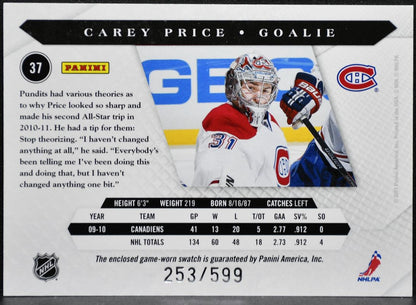 2010-11 Panini Luxury Suite Jersey Carey Price 37 /599 Jersey 7260