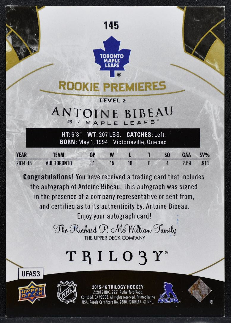 2015-16 UD Trilogy Rookie Premieres Lvl2 Bibeau Maple Leafs RC Auto 288/499 9442