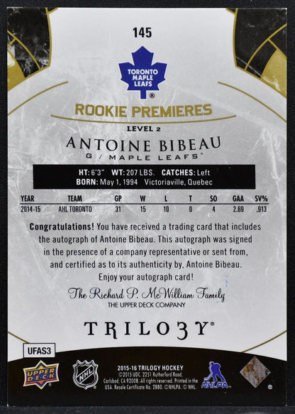 2015-16 UD Trilogy Rookie Premieres Lvl2 Bibeau Maple Leafs RC Auto 288/499 9442
