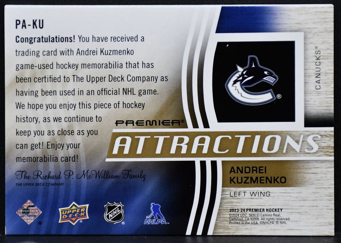 2023-24 UD Premier Andrei Kuzmenko PA-KU Vancouver Canucks 08 /35 Patch