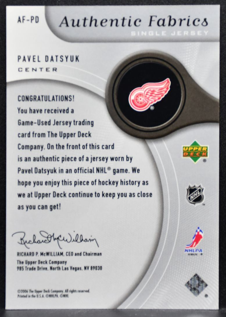 2005-06 SP Game Used Authentic Fabrics Pavel Datsyuk AF-PD Red Wings Jersey 5801