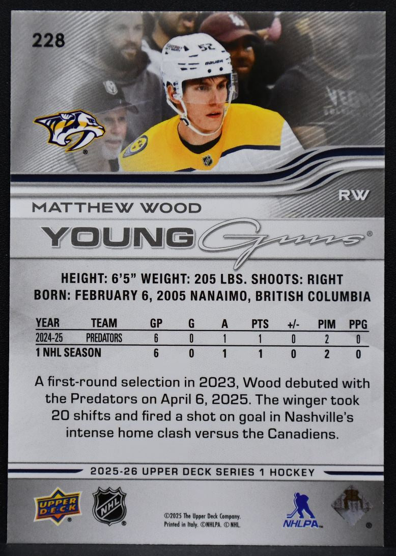 2025-26 Upper Deck Series 1 Young Guns Matthew Wood 228 Nashville Predators RC 1731