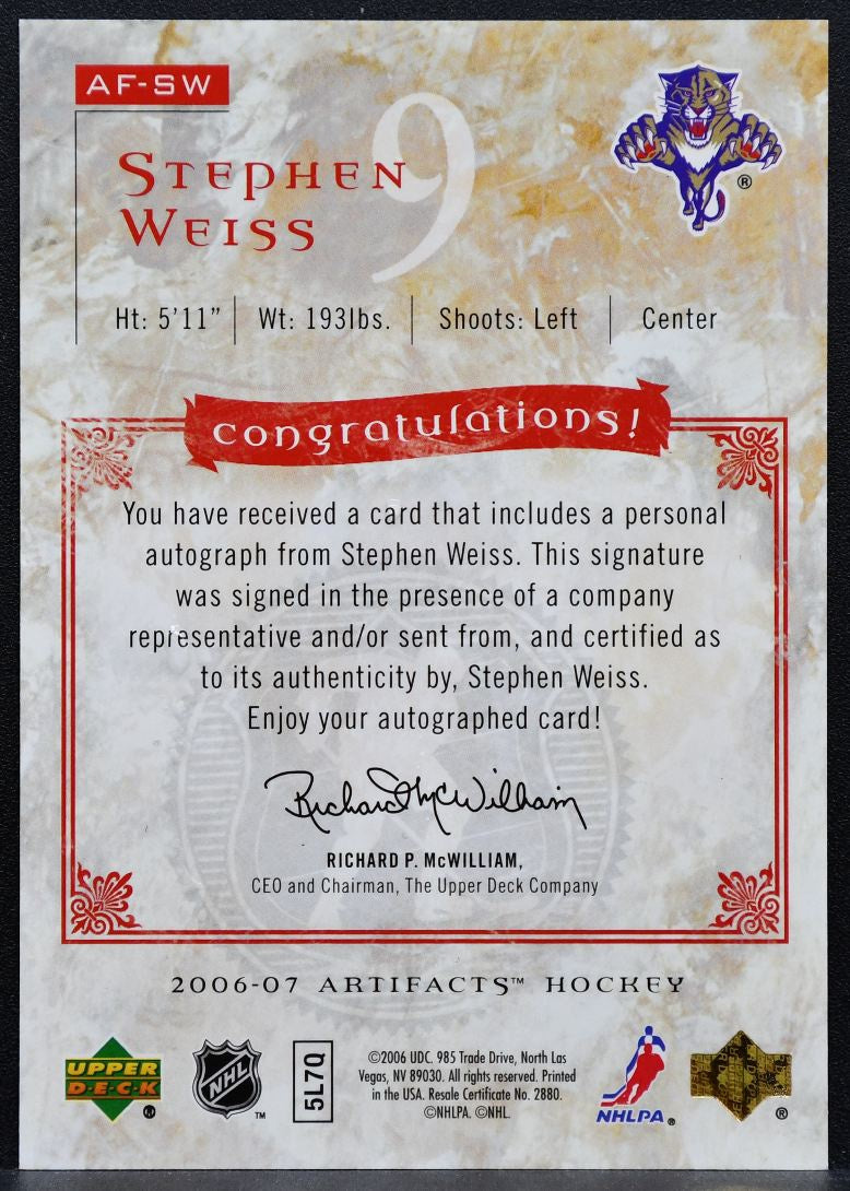 2006-07 Upper Deck Artifacts Auto-Facts Stephen Weiss AF-SW Panthers Auto 5845